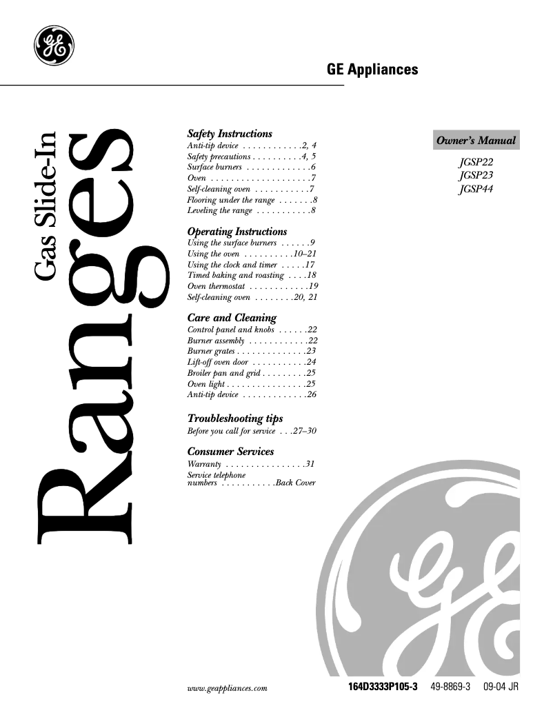 Image de la première page du manuel de l'appareil JGSP23WEYWW