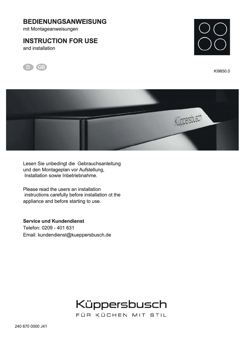 Page n°1 - Manuel utilisateur Küppersbusch KI9850.0SE