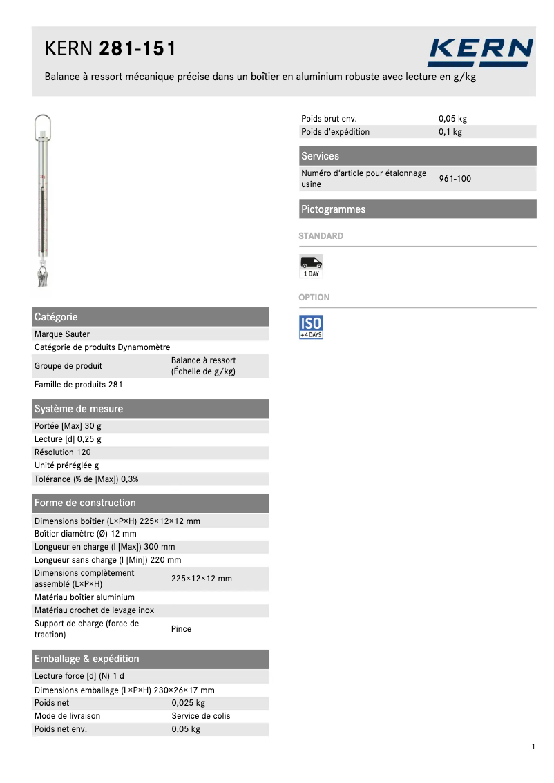 Page 1 de la notice Fiche technique Kern 281-151