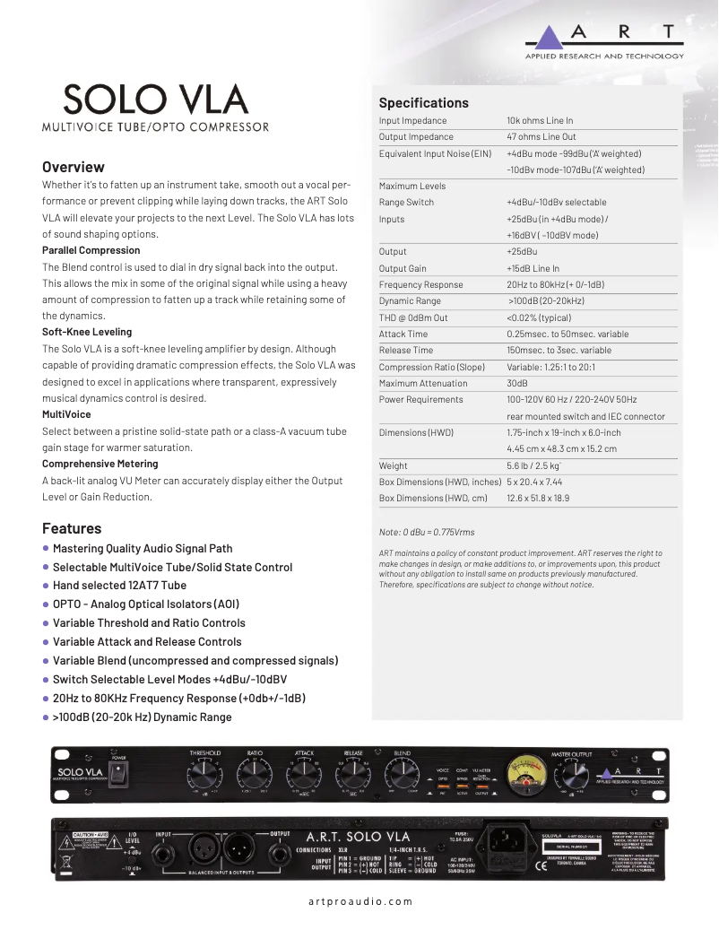 Page 1 de la notice Fiche technique ART SOLO VLA