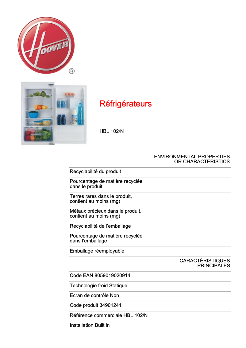 Page 1 de la notice Fiche technique Hoover HBL 102/N