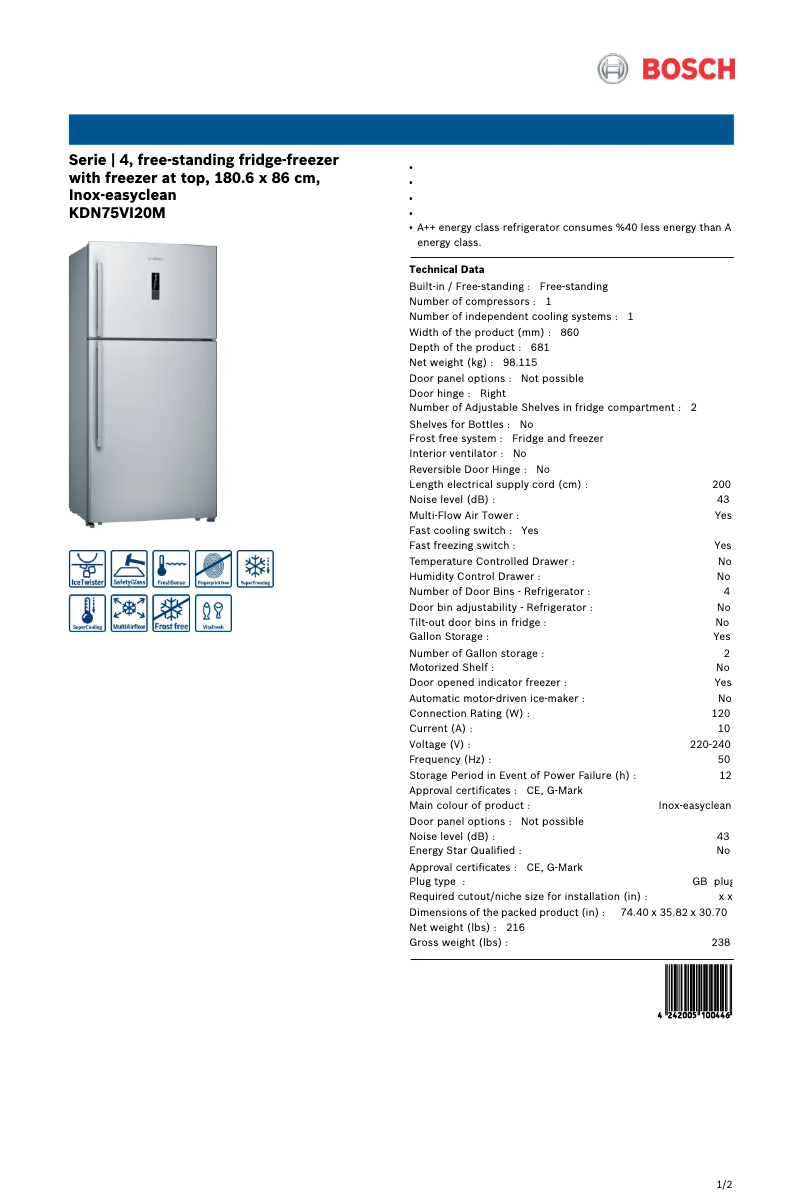 Page 1 de la notice Manuel utilisateur Bosch KDN75VI20M