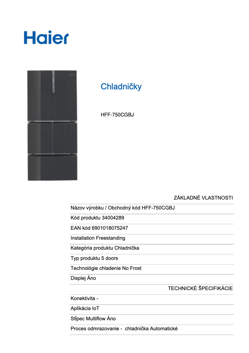 Page n°1 - Fiche technique Haier HFF-750CGBJ