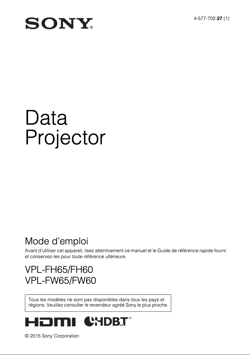 Page 1 de la notice Manuel utilisateur Sony VPL-FW65
