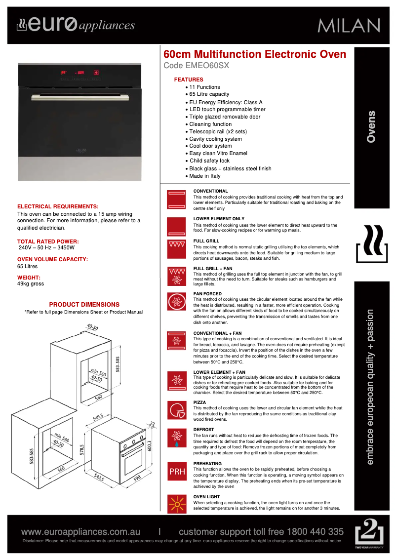 Page n°1 - Fiche technique Euro Appliances EMEO60SX