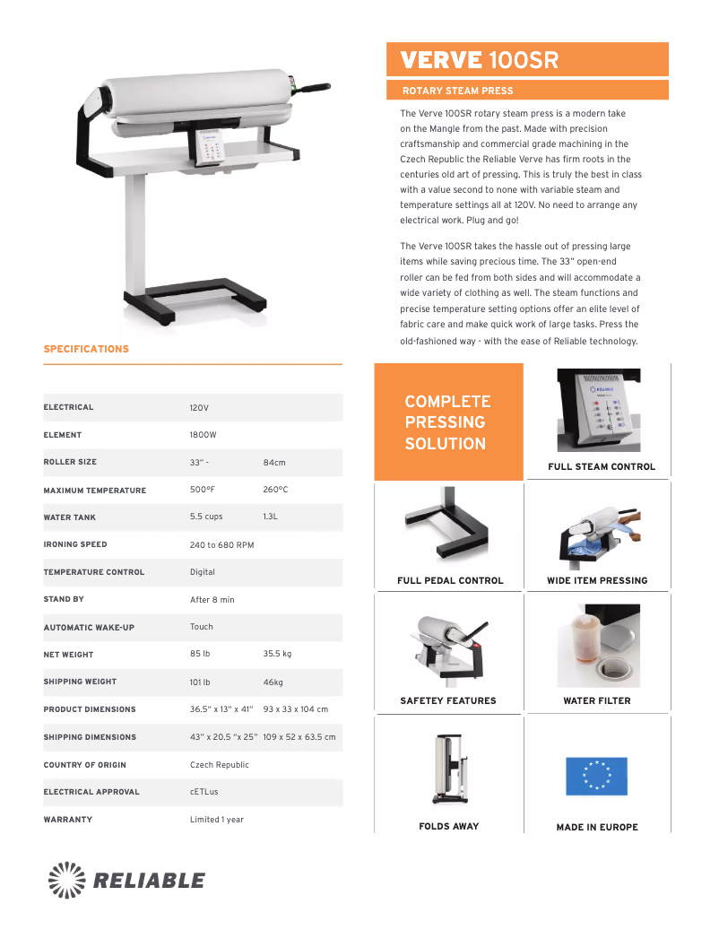 Page 1 de la notice Fiche technique Reliable 100SR