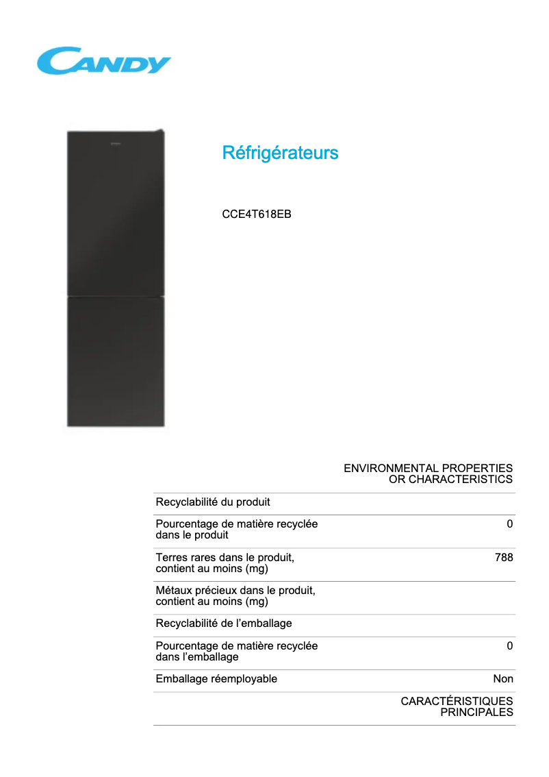 Page n°1 - Fiche technique Candy CCE4T618EB
