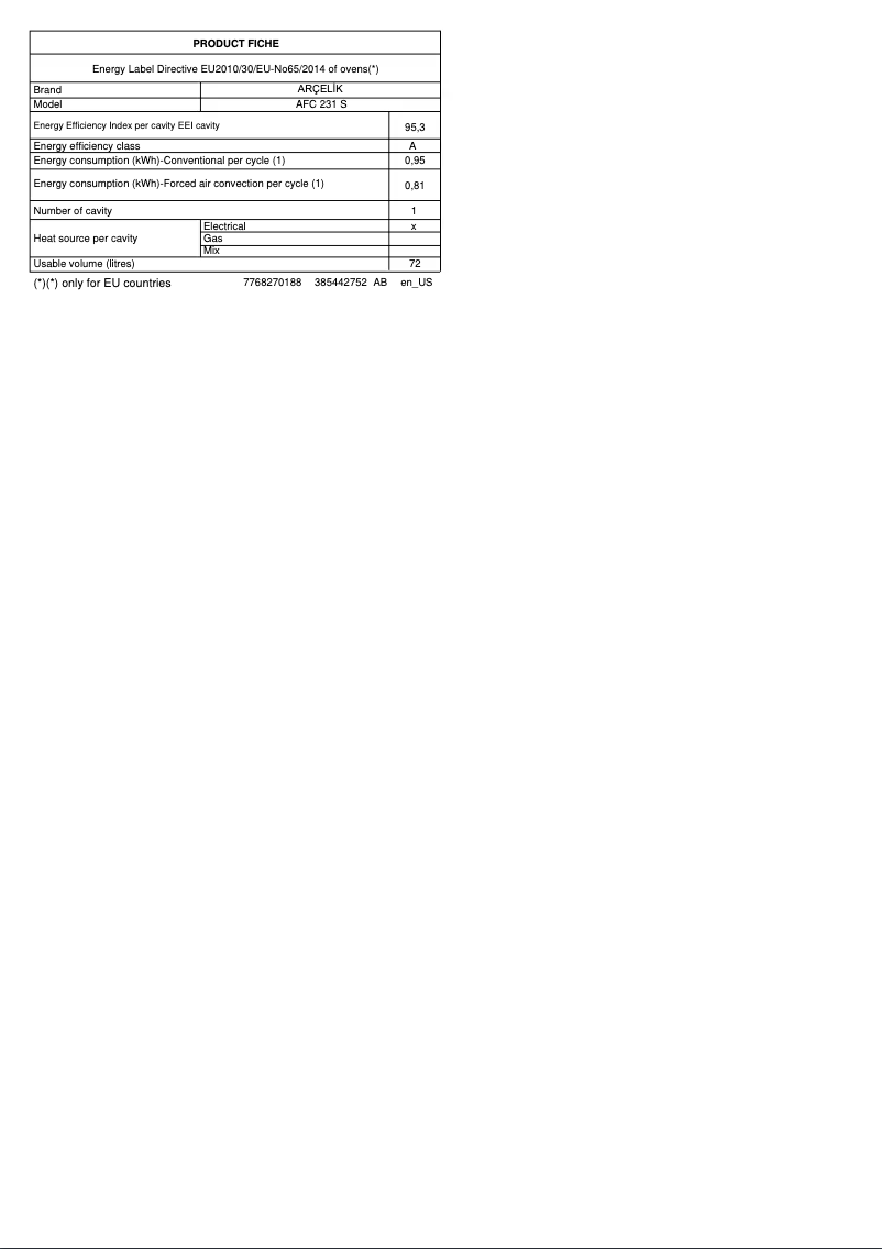 Page 1 de la notice Fiche technique Arçelik AFC 231 S