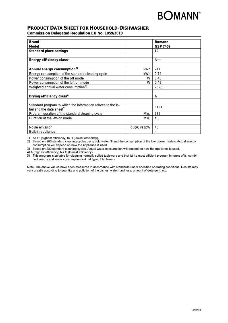 Page n°1 - Fiche technique Bomann GSP 7409