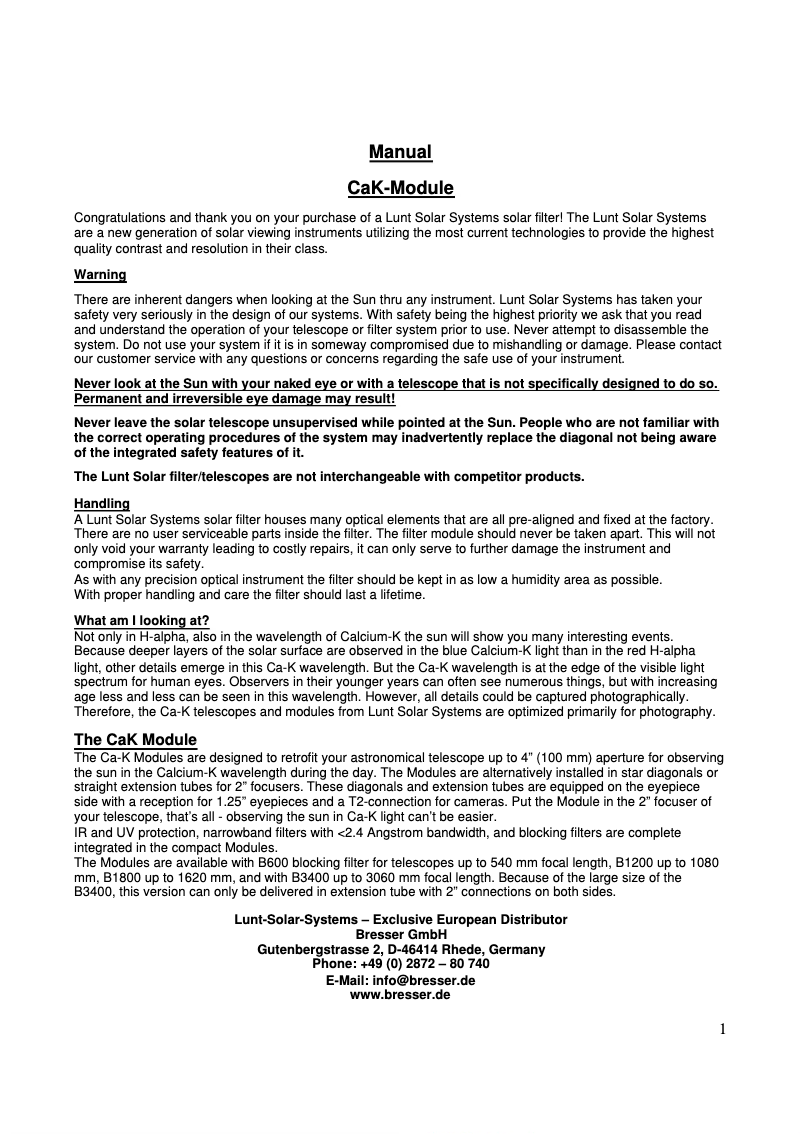 Page n°1 - Manuel utilisateur Lunt Solar Systems LS12CaKMDs2