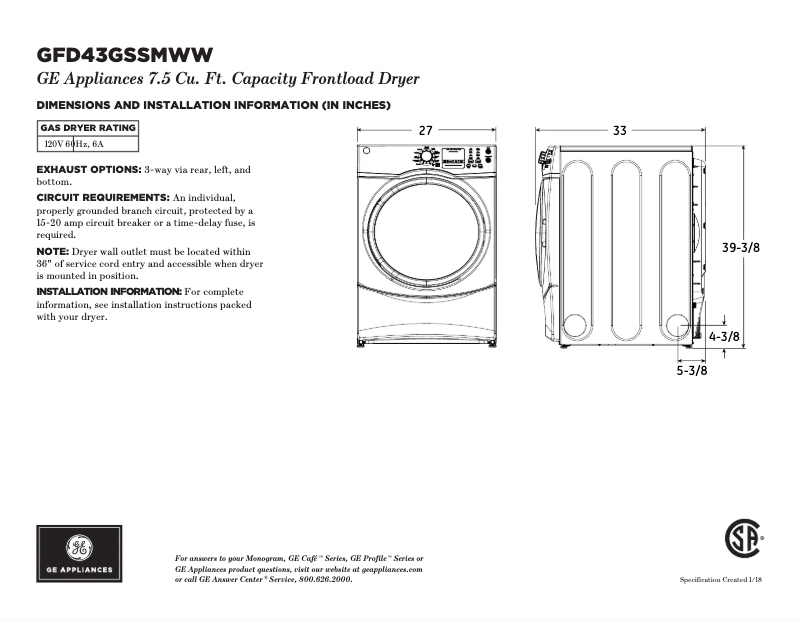Page 1 de la notice Fiche technique GE GFD43GSSMWW