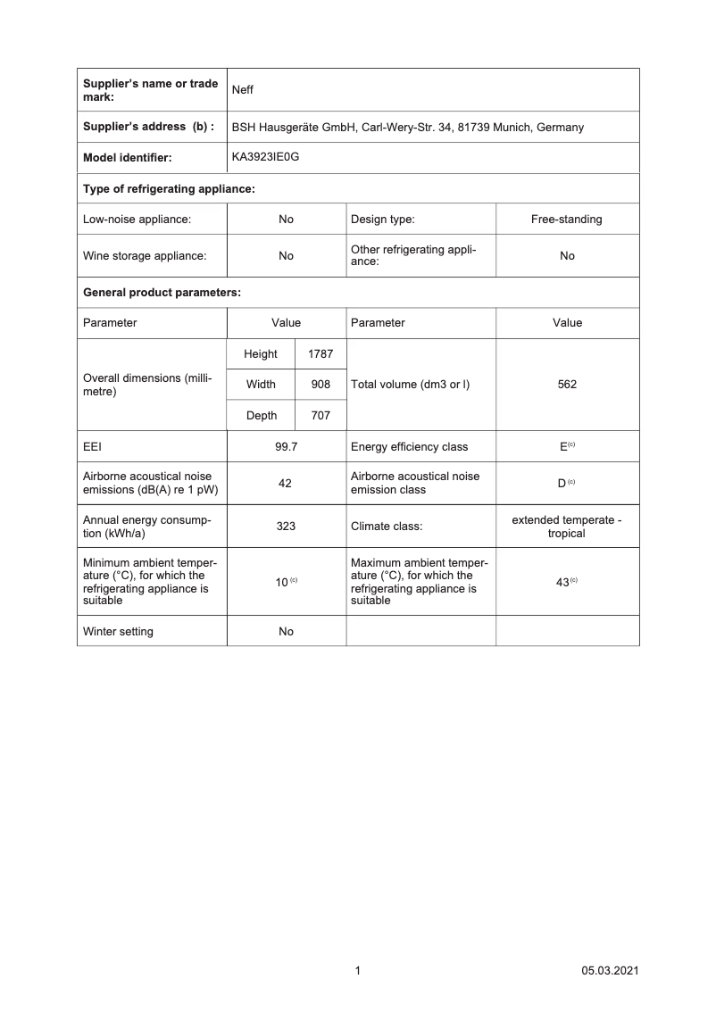 Page n°1 - Fiche technique Neff KA3923IE0G