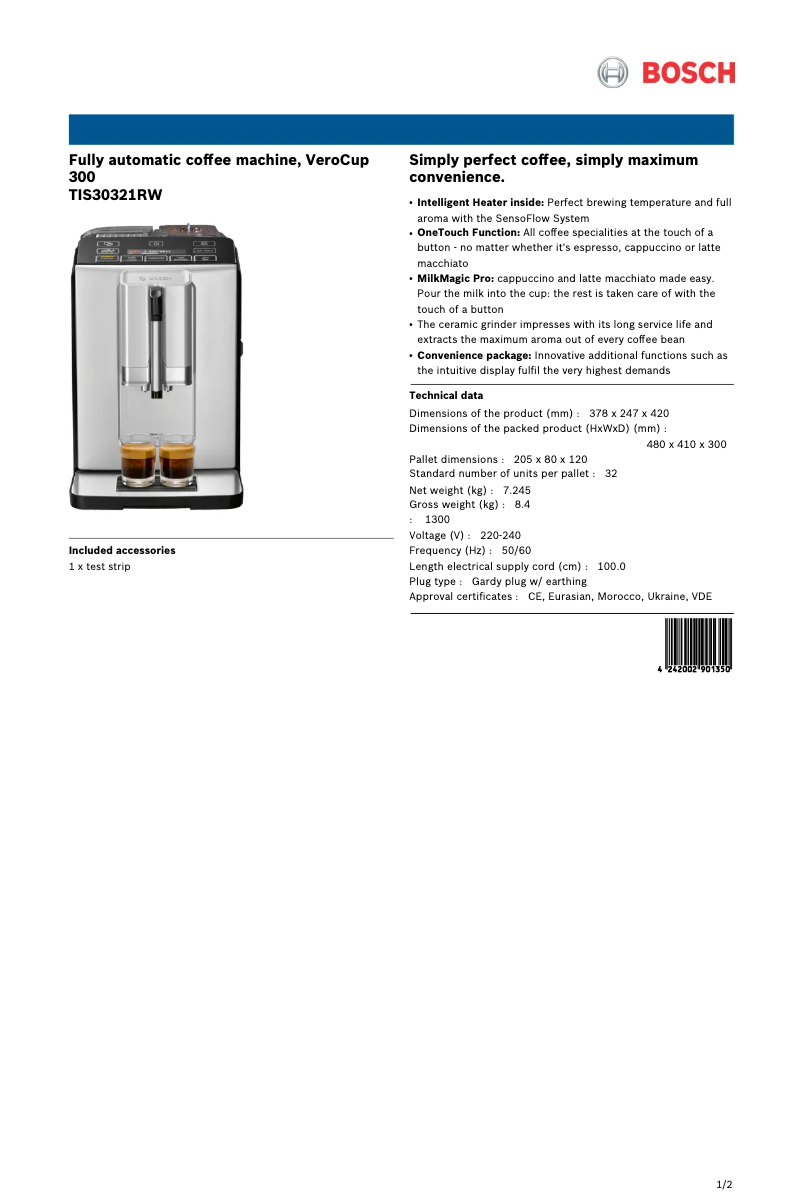 Page n°1 - Fiche technique Bosch VeroCup 300 TIS30321RW