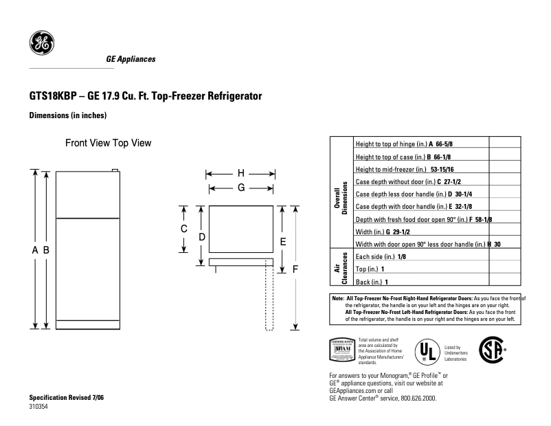 Page 1 de la notice Fiche technique GE GTS18KBPWW