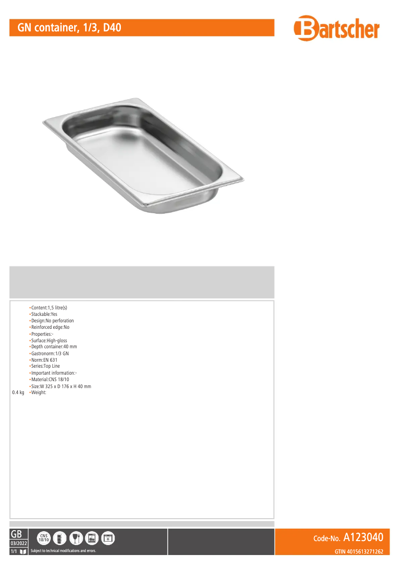 Page 1 de la notice Fiche technique Bartscher A123040