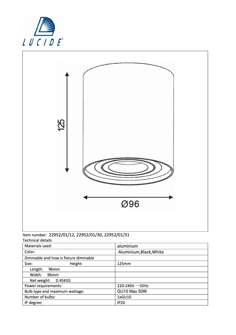 Page n°1 - Manuel utilisateur Lucide Tube 22952/01/30
