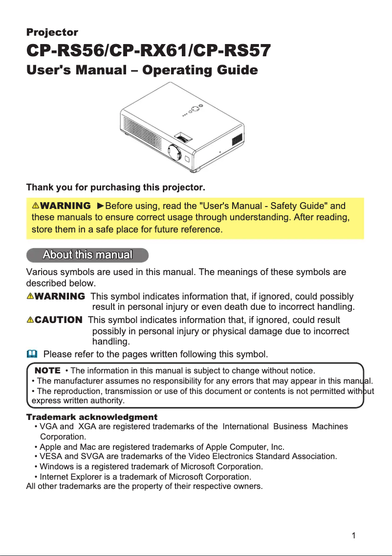 Page n°1 - Manuel utilisateur Hitachi CP-RS57