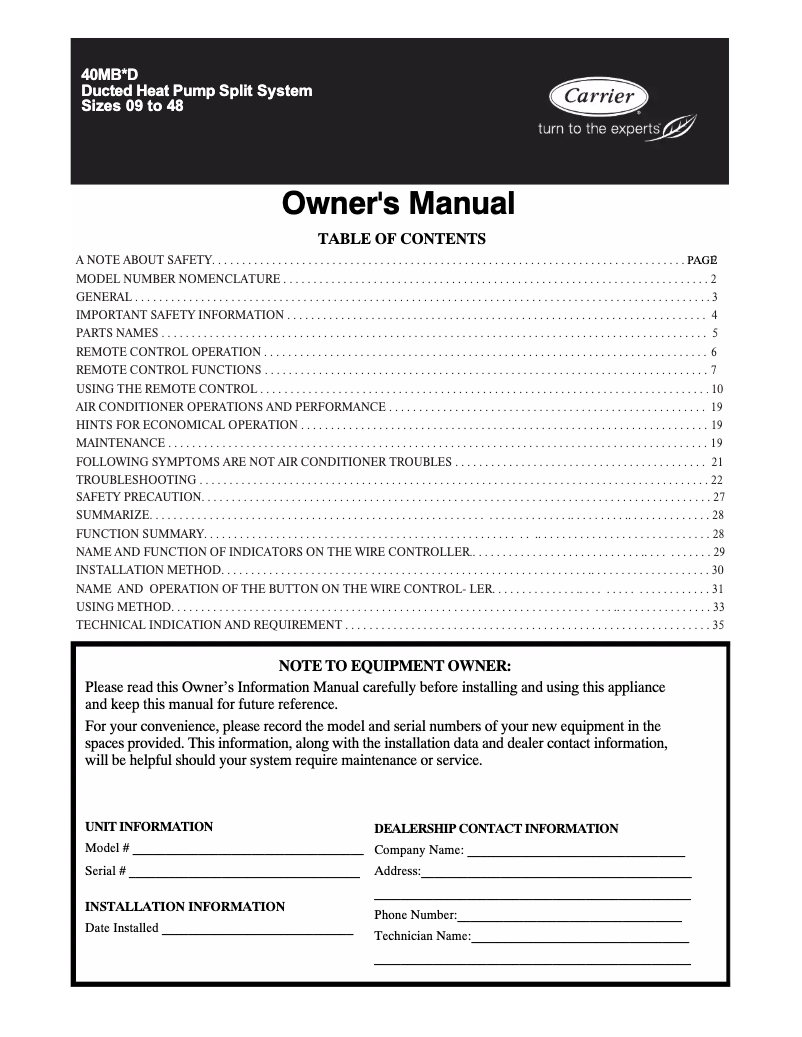 Page n°1 - Manuel utilisateur Carrier 40MBQB18D3