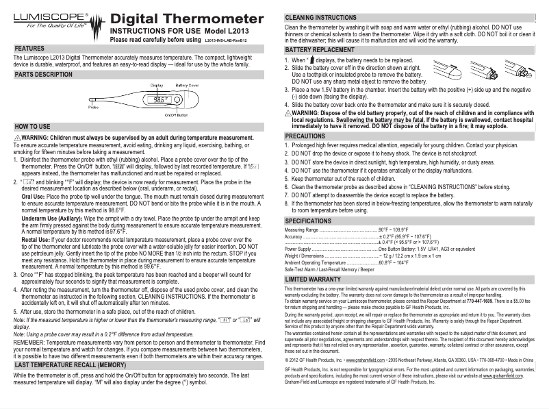 Page 1 de la notice Manuel utilisateur Lumiscope L2013