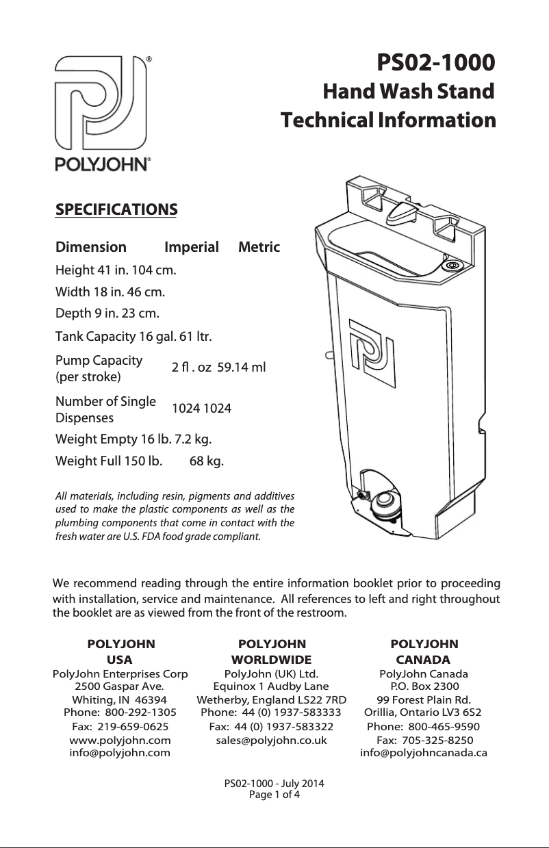 Page 1 de la notice Manuel utilisateur PolyJohn PJG3-1001