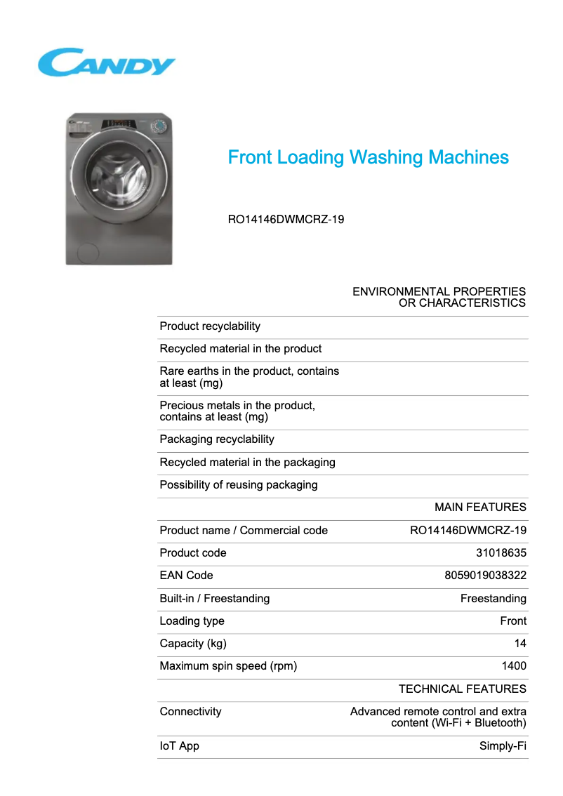 Page 1 de la notice Fiche technique Candy RO14146DWMCRZ-19