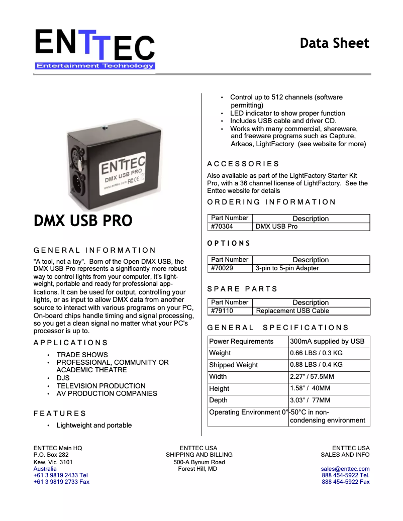 Page 1 de la notice Fiche technique Enttec DMX USB Pro