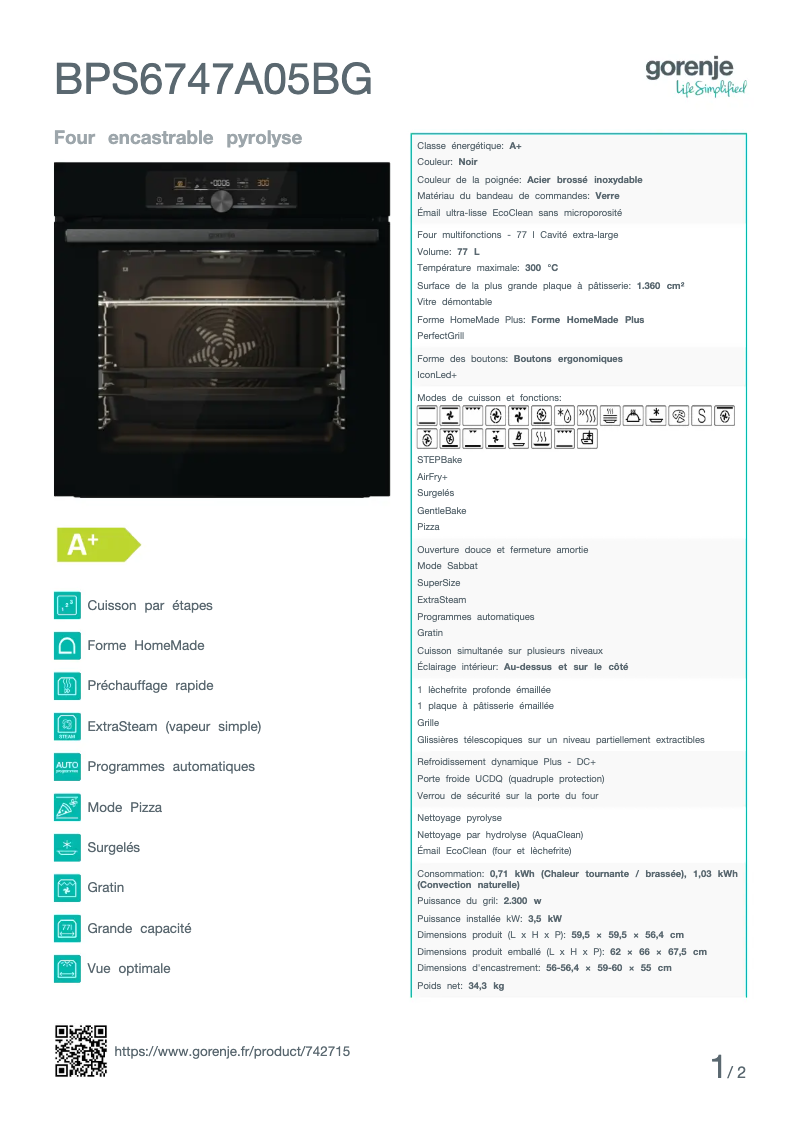 Page n°1 - Fiche technique Gorenje BPS6747A05BG