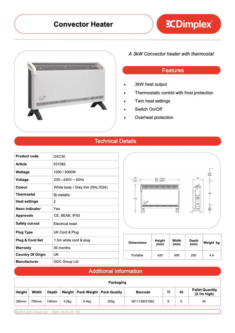 Página 1 del manual Ficha técnica Dimplex DXC30