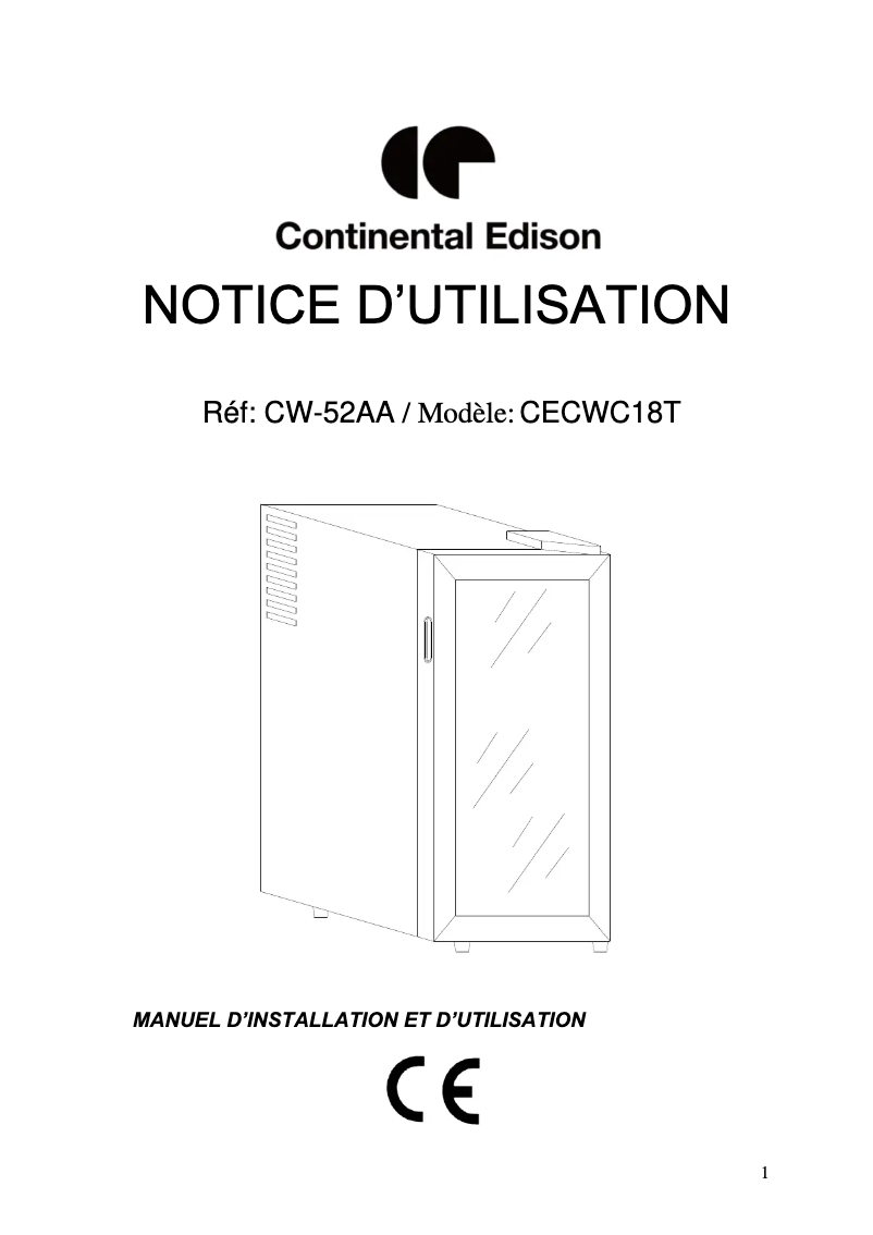 Page 1 de la notice Manuel utilisateur Continental Edison CECWC18T