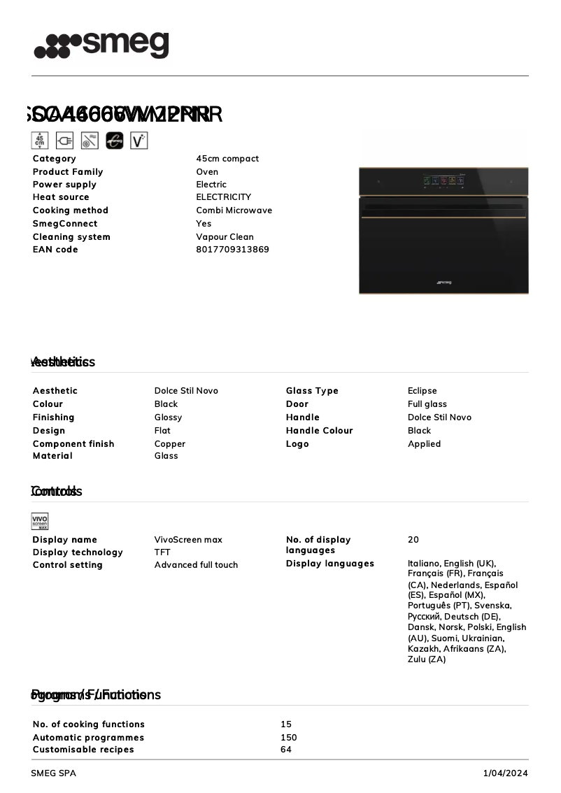 Page 1 de la notice Fiche technique Smeg SOA4606WM2PNR