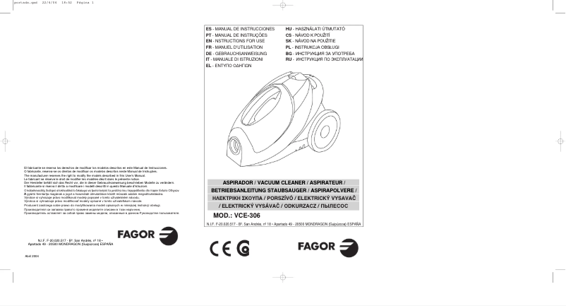 Page 1 de la notice Manuel utilisateur Fagor VCE-306