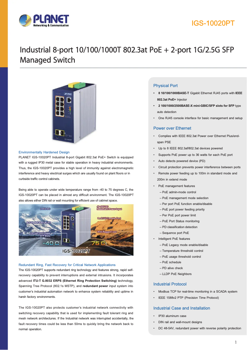 Page 1 de la notice Fiche technique Planet IGS-10020PT