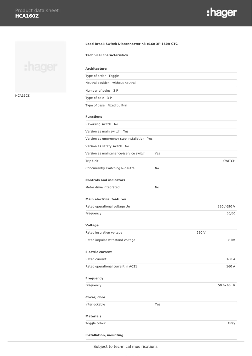 Page n°1 - Fiche technique Hager HCA160Z