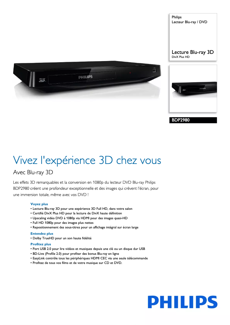 Page n°1 - Fiche technique Philips BDP2980
