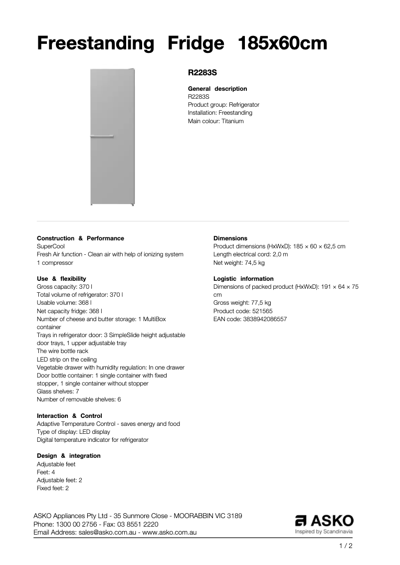 Page 1 de la notice Fiche technique Asko R2283S