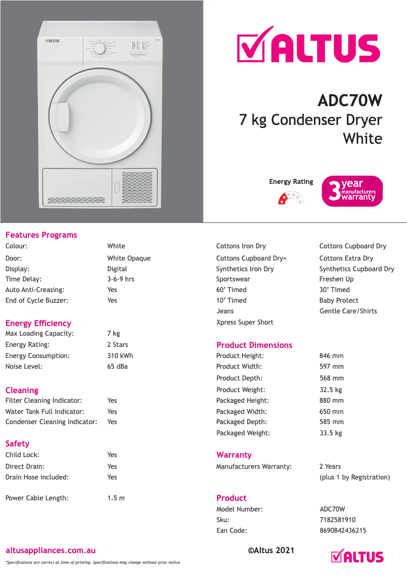 Page n°1 - Fiche technique Altus ADC70W