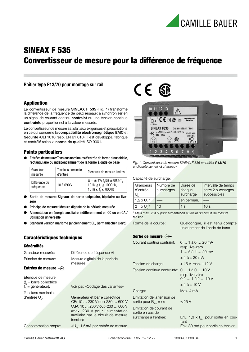 Page n°1 - Fiche technique Camille Bauer SINEAX F535