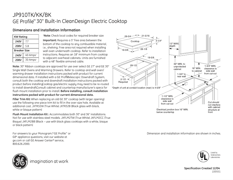Page n°1 - Fiche technique GE Profile JP910KKCC