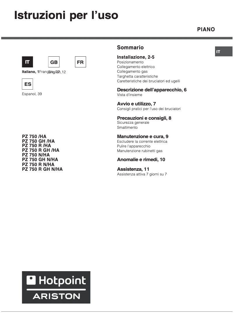 Page n°1 - Manuel utilisateur Hotpoint PZ 750 R GH N/HA
