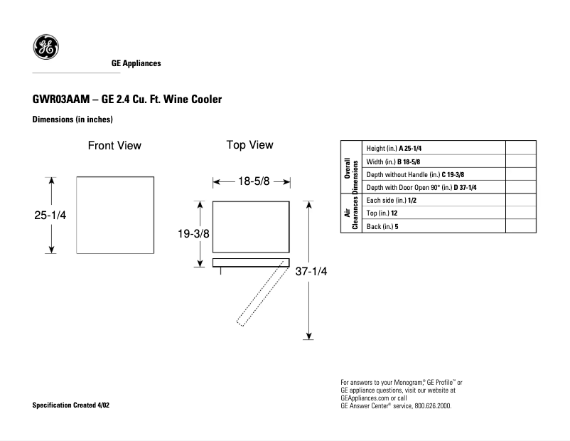 Page 1 de la notice Fiche technique GE GWR03AAMBB