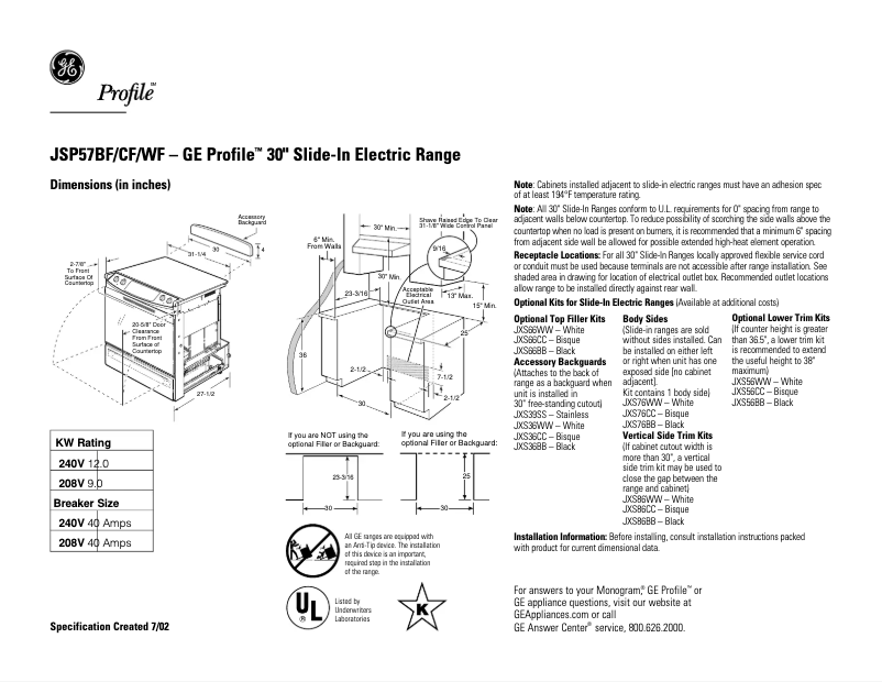 Página 1 del manual Ficha técnica GE Profile JSP57BFBB