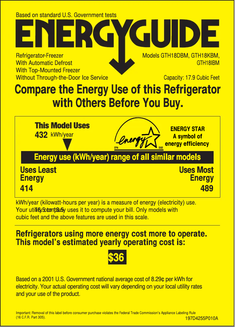Page 1 de la notice Label énergétique GE GTH18DBMLCC