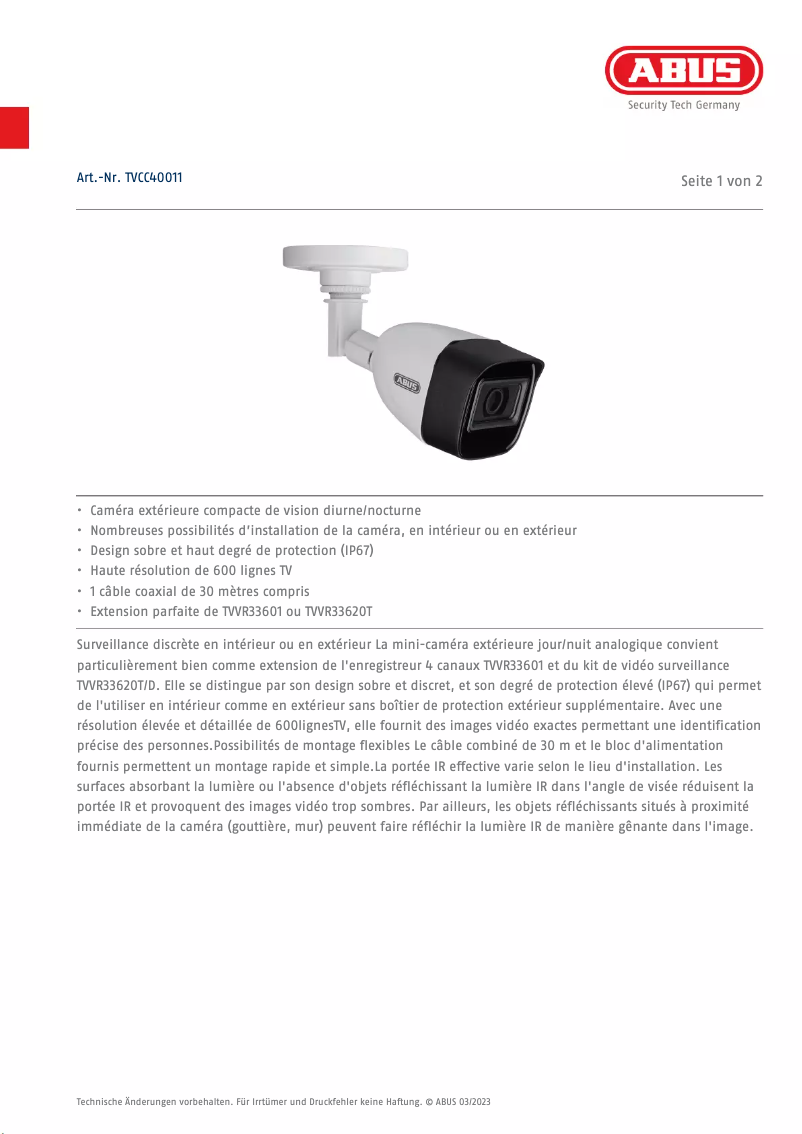 Page n°1 - Fiche technique Abus TVCC40011