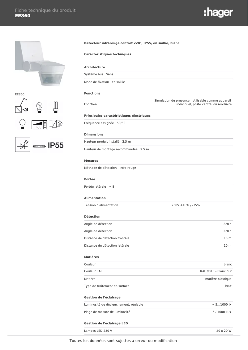 Page 1 de la notice Fiche technique Hager EE860