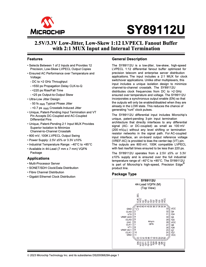 Page 1 de la notice Manuel utilisateur Microchip SY89112U