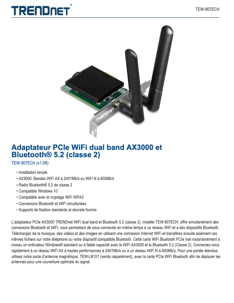 Page 1 de la notice Fiche technique TRENDnet TEW-907ECH