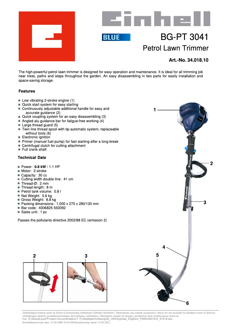 Page n°1 - Fiche technique Einhell BG-PT 3041