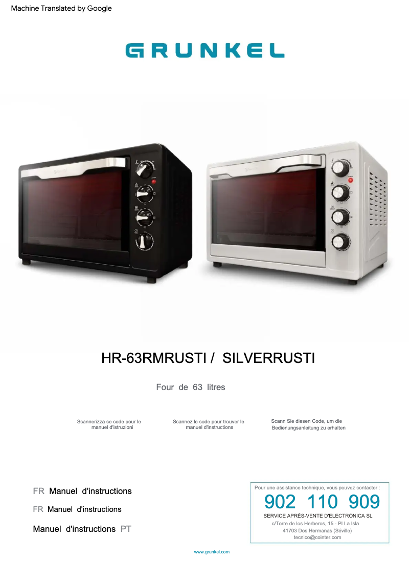 Page 1 de la notice Manuel utilisateur Grunkel HR-63RMRUSTI