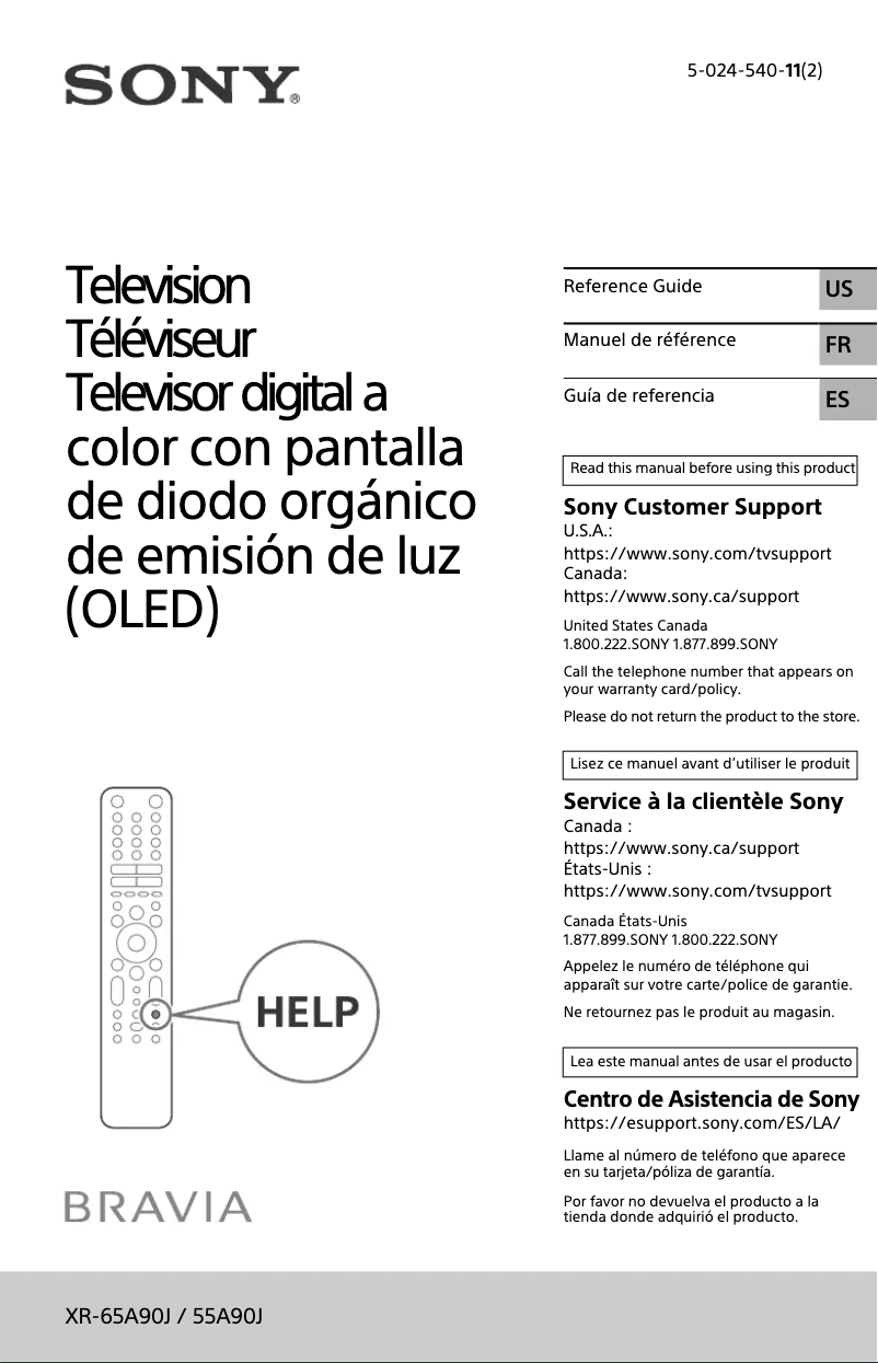 Image de la première page du manuel de l'appareil Bravia XR-65A90J
