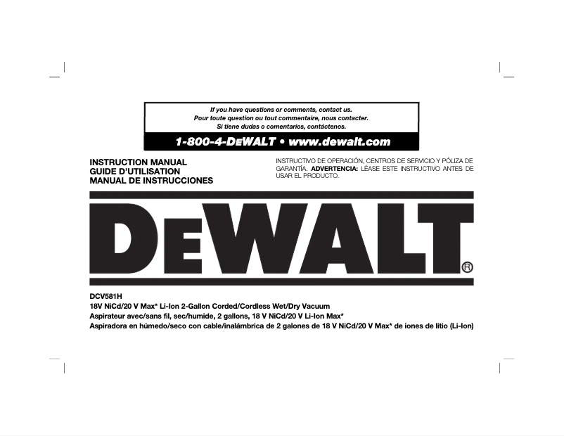 Page 1 de la notice Manuel utilisateur DeWalt DCV581H
